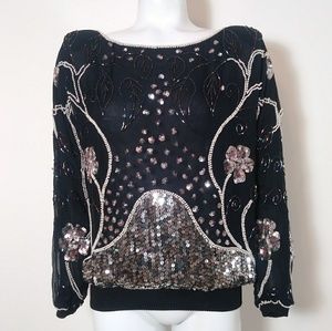 Vintage silk pearls beaded sequin blouse Sheer Gauzy Silk 1980s